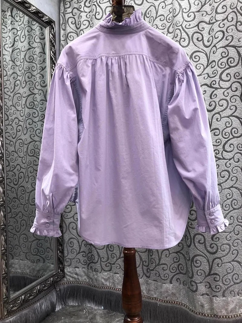 100%Cotton Shirts 2025 Spring Fashion Style Women Ruffle Floral Deco Long Sleeve Sexy Asymmetrical Shirts Lady Purple Blouse