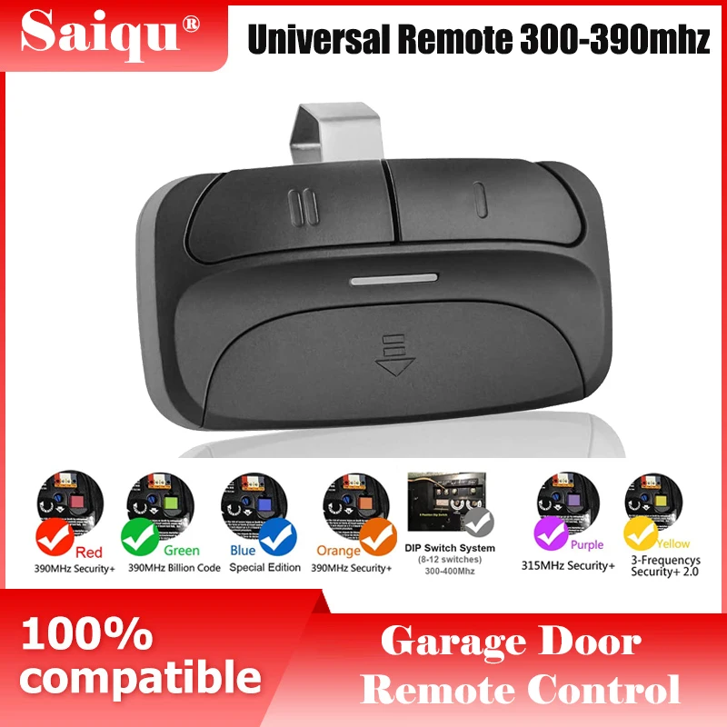 Garage Remote Control Clone Multifrequency 300MHz-390MHz Garage Door Opener 2 Buttons Includes Car Sun Visor Clip