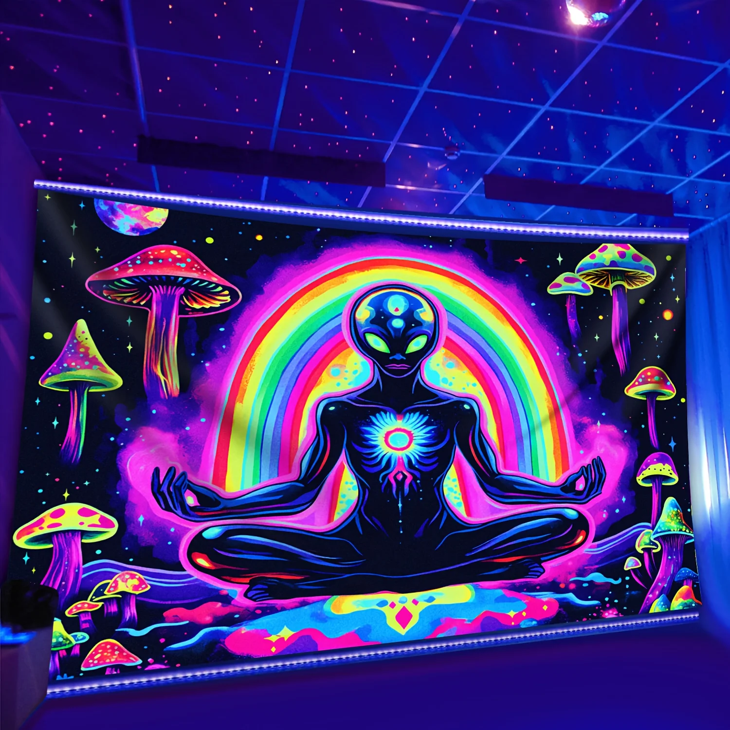 VIKAMA Neon Cosmic Meditation Tapestry Glow Mushroom Gaming Room
