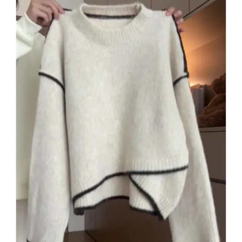 

Женская одежда, пуловер нестандартного контрастного цвета, свитер для женщин, осень-зима, ленивый стиль, свободный мягкий удобный вязаный топ