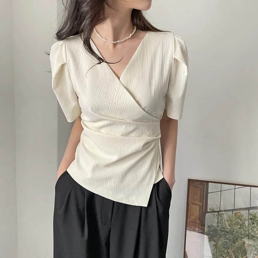 Women Blouse 2024 Spring Summer Solid Tucked V Neck Slim Blouse Elegant Short Sleeve Asymmetrical Top For Women Hot Sale