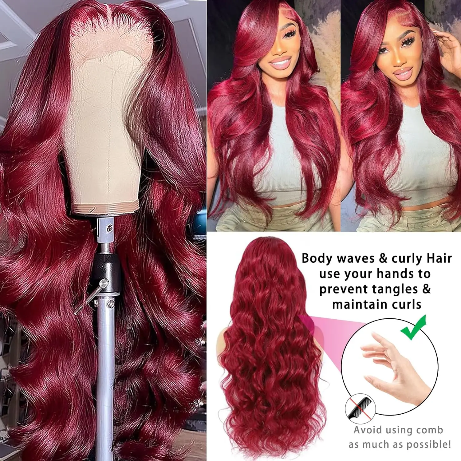 Perruque Lace Front Wig Body Wave Brésilienne Naturelle, Cheveux Humains, Bordeaux 99J, Couleur Vin Rouge, 13x6, 13x4, Densité 220, 30 Pouces