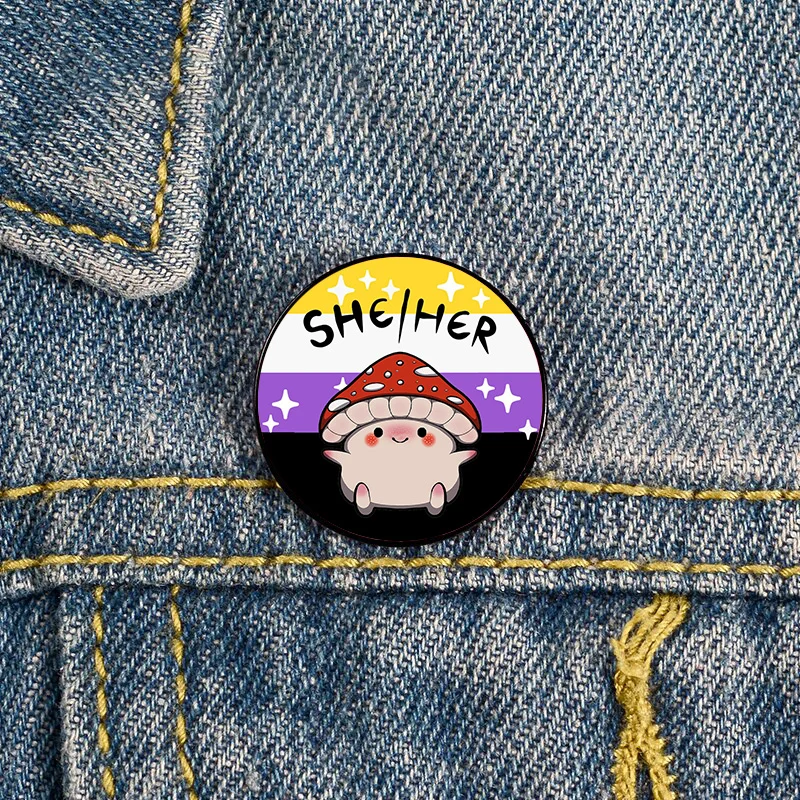 Non Binary pride Mushroom pronoun she her Pin Custom cute Brooches Shirt Lapel teacher tote Bag backpacks Badge Cartoon gift pin