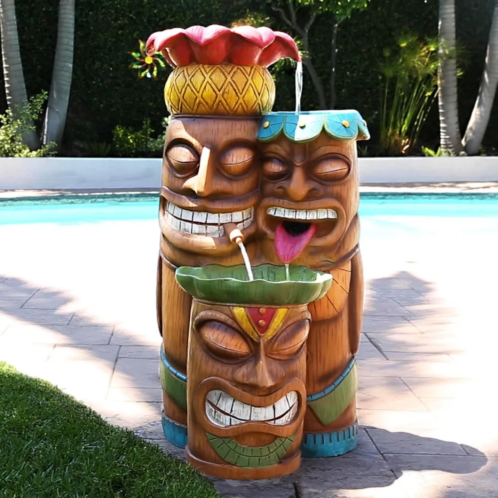 Indoor/Outdoor Floor 3-Tiered Colorful Tiki Head Water Fountain, Tropical Tiki Waterfall, 35