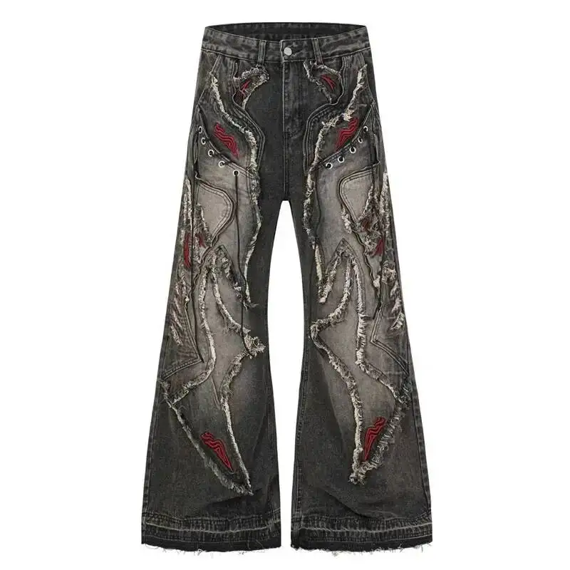 Niche Three-dimensional Cut Raw-edge Embroidered Zipper Dark-toned Men's Jeans Loose Fit Slightly Flared Denim Pants VECN