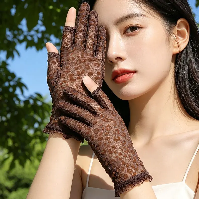 Women Lace Gloves Leopard Print Half Finger Summer Thin Breathable Sexy Work Non-slip Gloves
