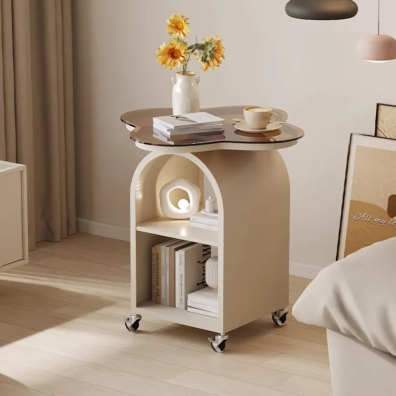 

Movable wheeled living room sofa side few cream wind small coffee table glass side table bedroom creative storage bedside table
