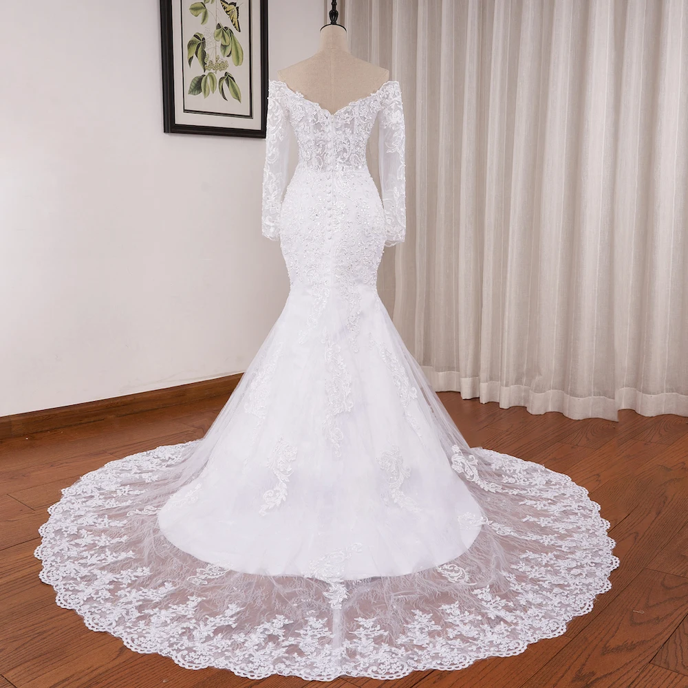 Heiloria-vestido De novia De manga larga con hombros descubiertos, traje elegante De sirena con cuentas De encaje, vestido De novia con cola De corte