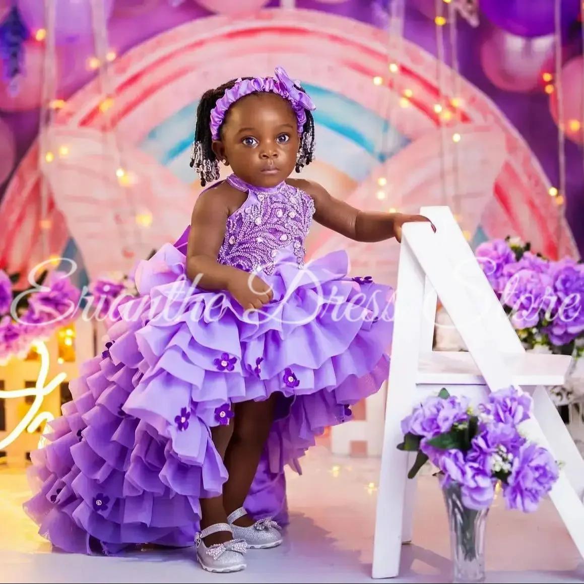 فستان فتاة الزهور لحفلات الزفاف باللون الأرجواني ذو الطبقات من التول المنتفخ المخصص للأميرة للأطفال وحفلات أعياد الميلاد الأولى فستاين سهرة/فساتين الحفلات #1