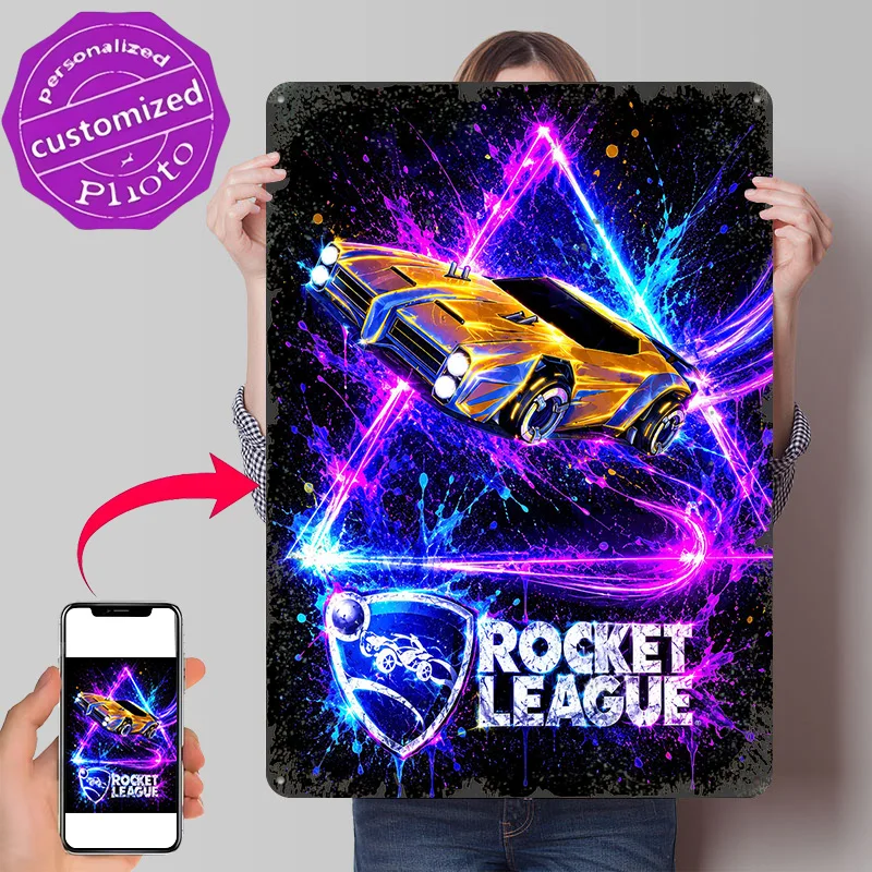 Rocket League Car With Neon Splatter Poster Retro 3D Printed Metal Signs Customized Wall Hanging Gift for Vintage Home Decor
