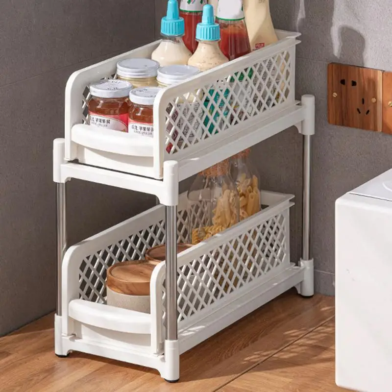 Double Layer Pull-out Organizer Storage Kitchen Organization Rack With Double Sliding Cabinet Drawers Multipurpose Storage