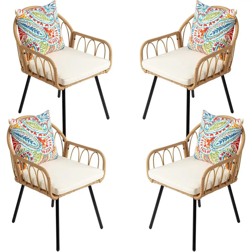 

All-Weather Rattan Patio Dining Chairs Set (4) with Cushions & Back Pillows for Outdoor Bistro, Garden, Porch, Poolside, Backyar