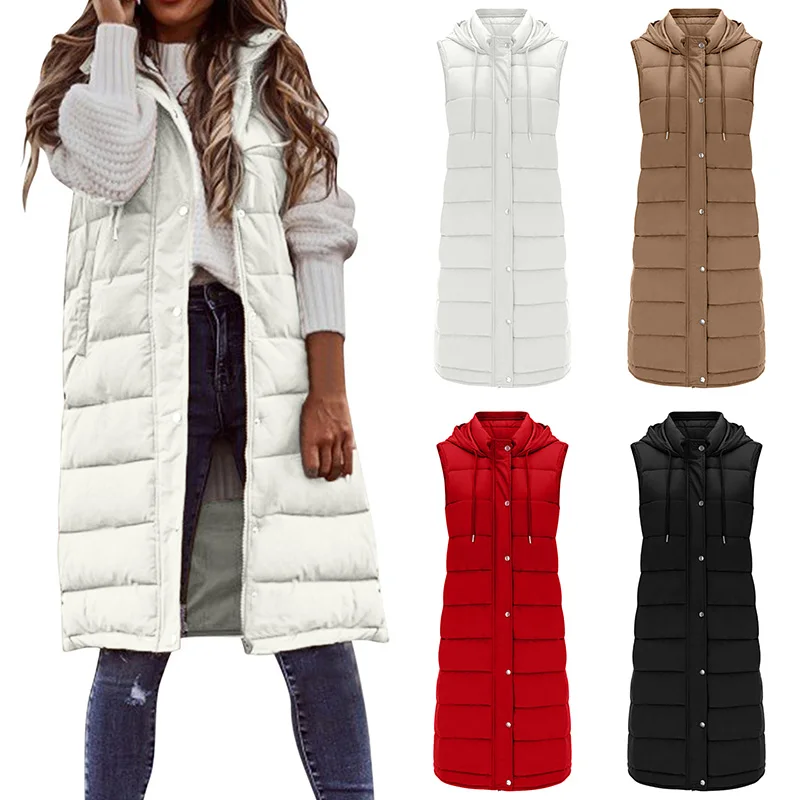 

Winter Jacket Sleeveless Long Parkas Hooded Coat Women Vest Casual Warm Down Cotton Waistcoat Vests Padded Puffer Jacket Outwear