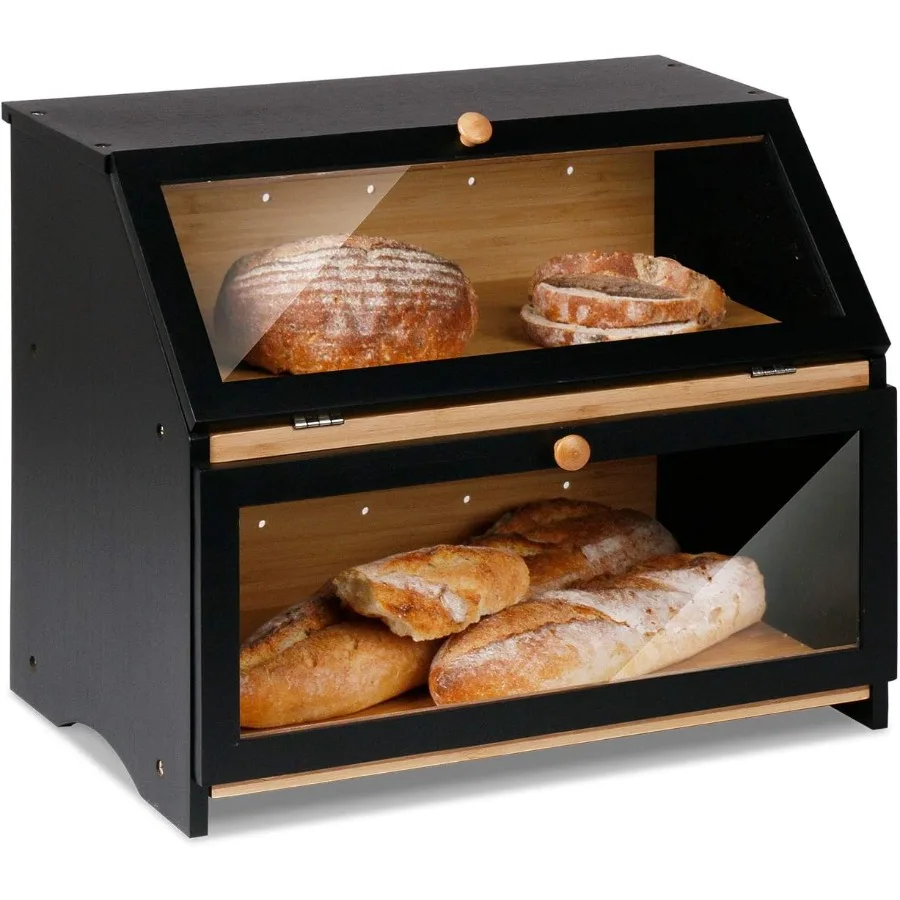 Double Layer Large Bread Box for Kitchen Counter, Wooden Large Capacity Bread Storage Bin (Black)