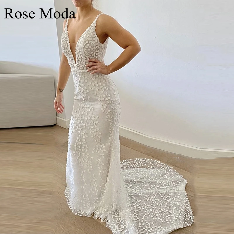 Rose Moda – robe de mariée en dentelle avec jupe détachable, col en V profond, motif FLoral 3D, sur mesure