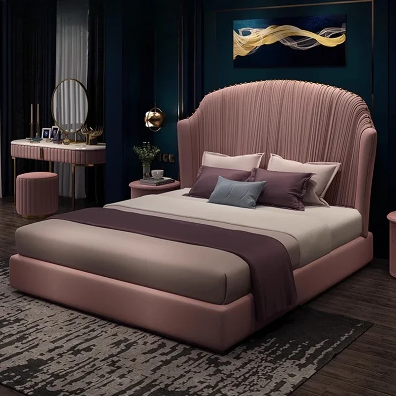 Simple pink princess, pleated, solid wood velvet fabric bed