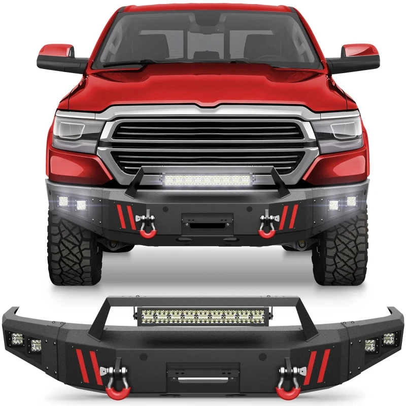 Universal Textured Black Pickup Front Bumper With Winch Plate D-Rings Fit 2019-2024 Pickup Trucks