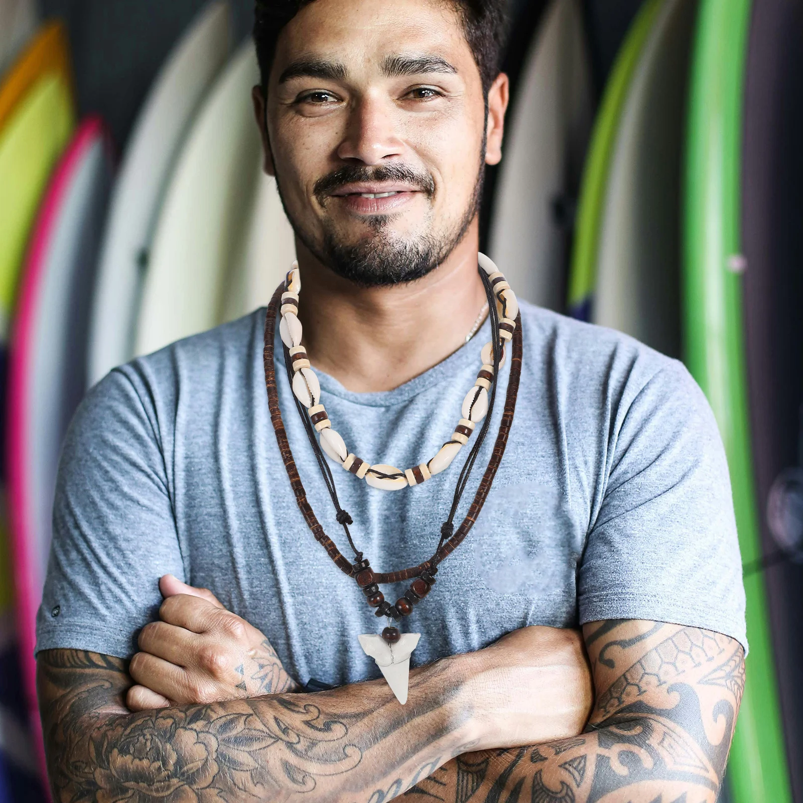 

Men Handmade Shark Tooth Necklace Beaded Shell Wood Beads Adjustable for Beach Vacation Casual Outdoor Jewelry