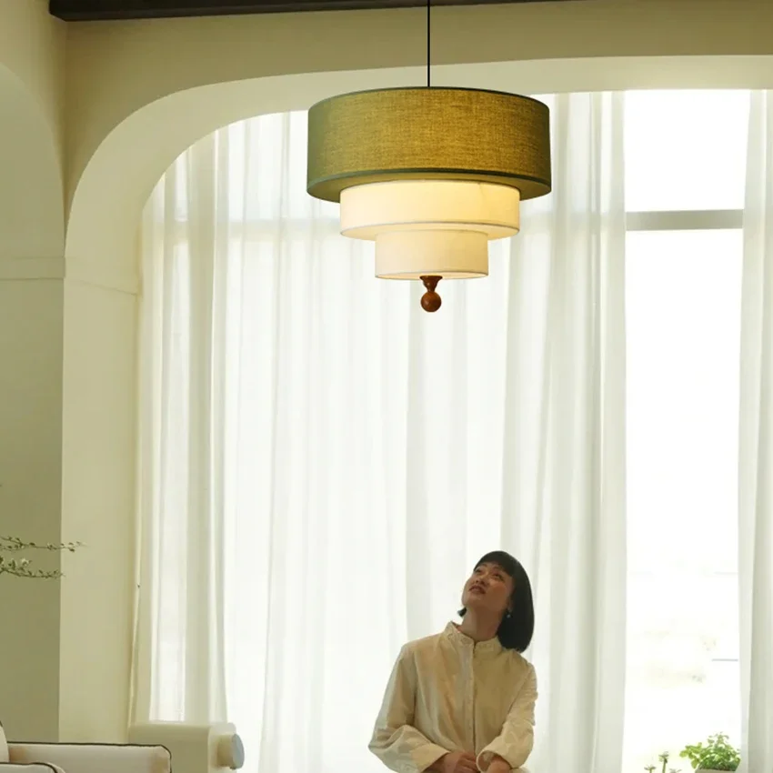 Boho Vintage Sage and Cream Fabric Pendant Lamp with Wooden Detail for Dining Room Living Room