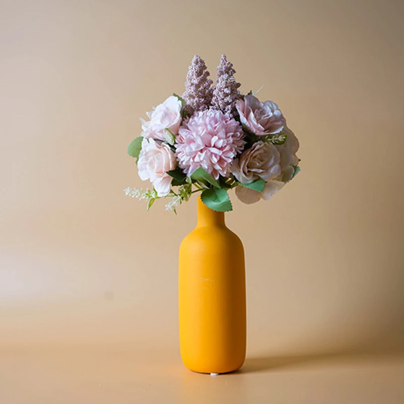 إناء سيراميك بلون صلب شمالي ، إناء زهور فني بسيط ، ديكور بعنق زجاجة صغير ، رف طاولة ، غرفة طعام #6