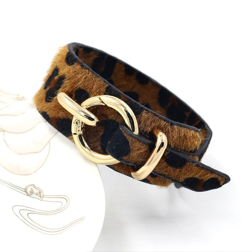 Kirykle Luxury Leopard Leather Bracelet for Women Punk Ring Button Wide Bangle Personality Creative Animal Print Jewelry Gift