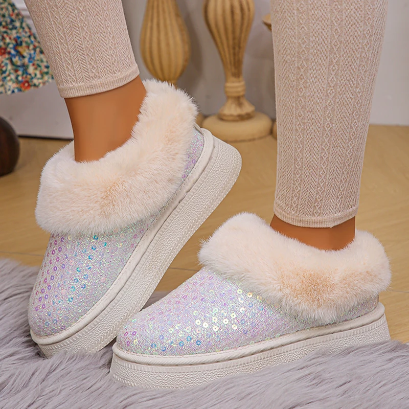 Shiny Silver Sequin Snow Boots Women 2024 Winter Warm Thicken Plush Platform Ankle Boots Woman Thick Bottom Cotton Padded Shoes