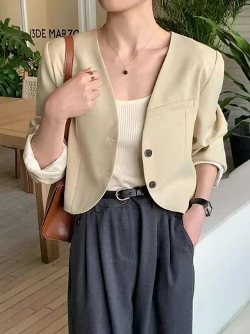 긴 소매 정장 아우터 통근 2024년 봄 긴 소매 짧은 길이 얇은 가벼운 V넥 여성용 정장 아우터 정장 코트 정장 아우터