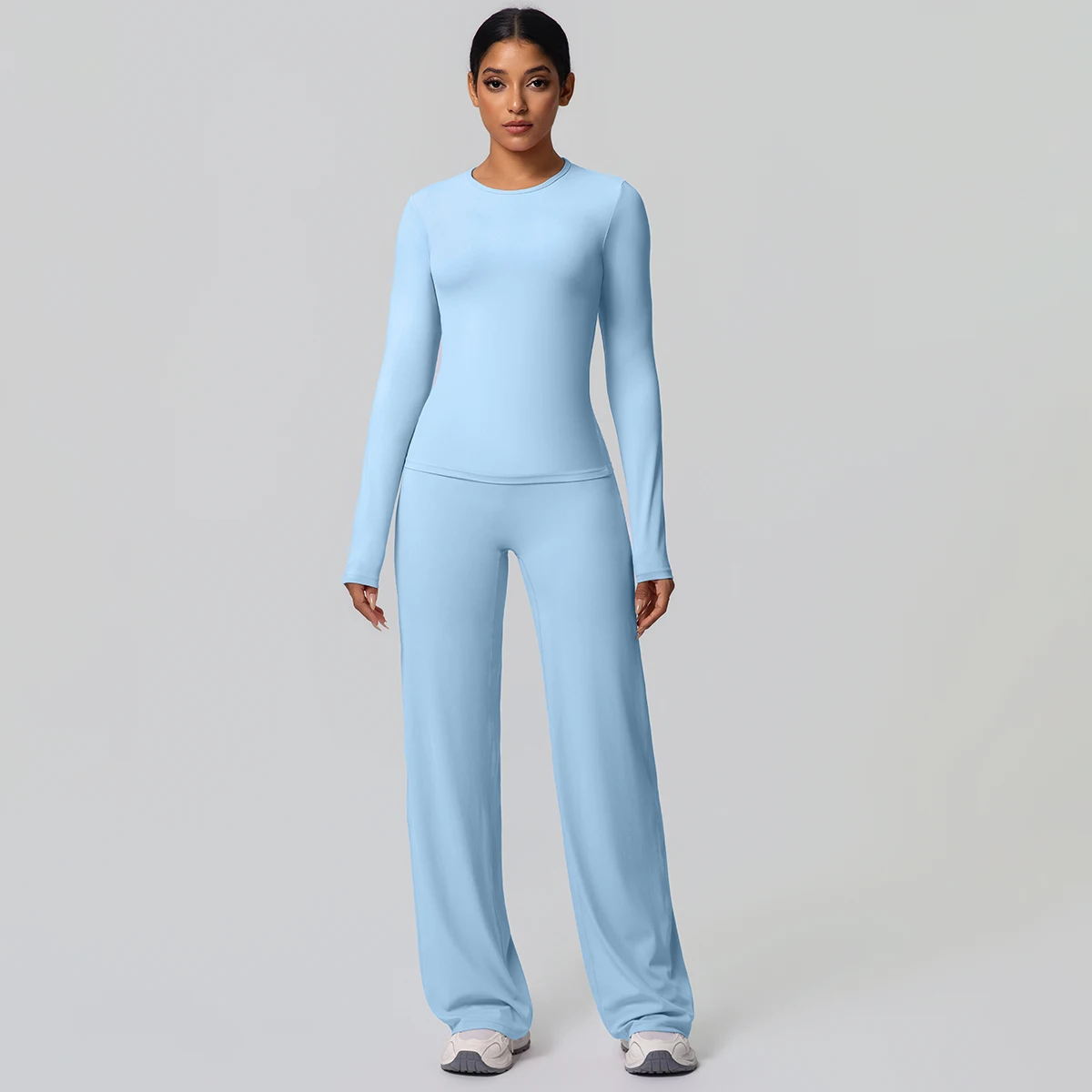 2 stück Frauen Gym Yoga Set Lauf Shirts Schlank Lange Ärmel Workout Top Schnell Trocknend Hohe Stretch Breite Bein Hosen dünne Yoga Set – Detail 31