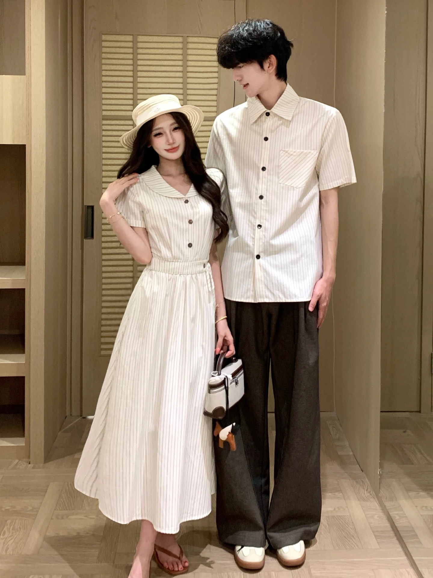 

American Retro Striped Shirt Short Sleeve Waist Cinching Slimming Long Dress Couple Matching Summer Fashion Design Casual Wear