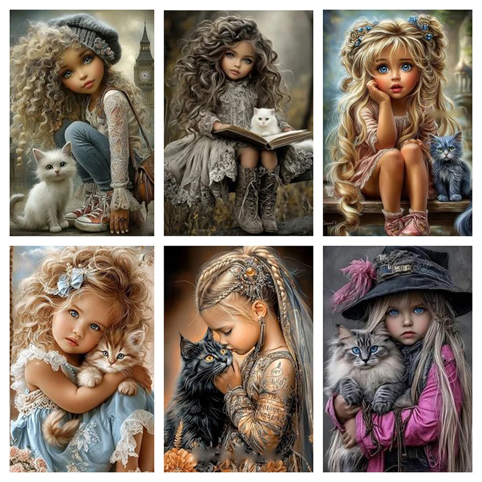 

New Diamond Painting 5DDIY Diamond Mosaic Girl Cat Embroidery Round Square Cartoon Rhinestone Christmas Gift Wall Decoration