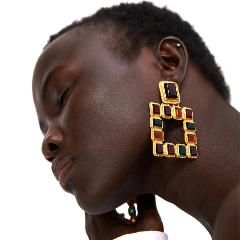 ALLYES Fashion Geometric Square Drop Earrings for Women Luxury Multicolor Crystal Rhinestones Pendant Earring Party Jewelry
