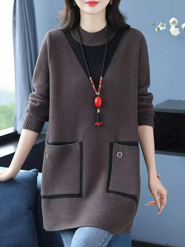 plus Size Women's Mid-Length Loose Knitwear Autumn Winter Base Layer Top Korean Style Commute High Waist Polyester Fiber