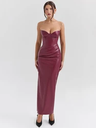 Mozision Wine Red Strapless Sexy PU Leather Maxi Dress Women Fashion Off-shoulder Backless Lace-up Bodycon Club Party Long Dress