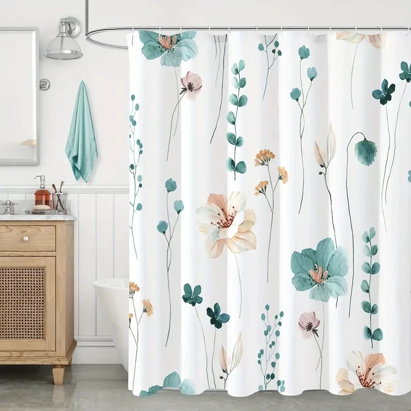 1pc Modern Watercolor Floral Shower Curtain Set with Hooks - Waterproof and Minimalist Design for Bathroom