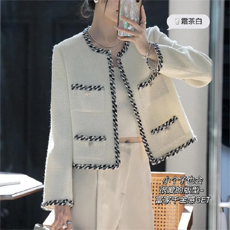 

High Quality Purple Sweet White Fragrance Tweed Jacket Women's Autumn Spring OL Short Coat Fashion Casual Outwear