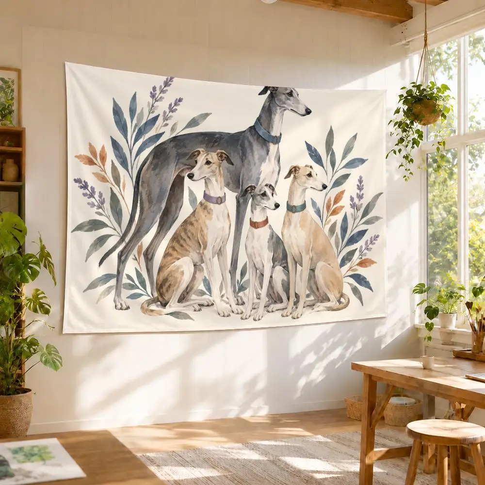 Simple Cute Cartoon Greyhound Tapestry Durable Soft Microfiber Horizontal Wall Hanging Decor For Bedroom Patio Garden Parties
