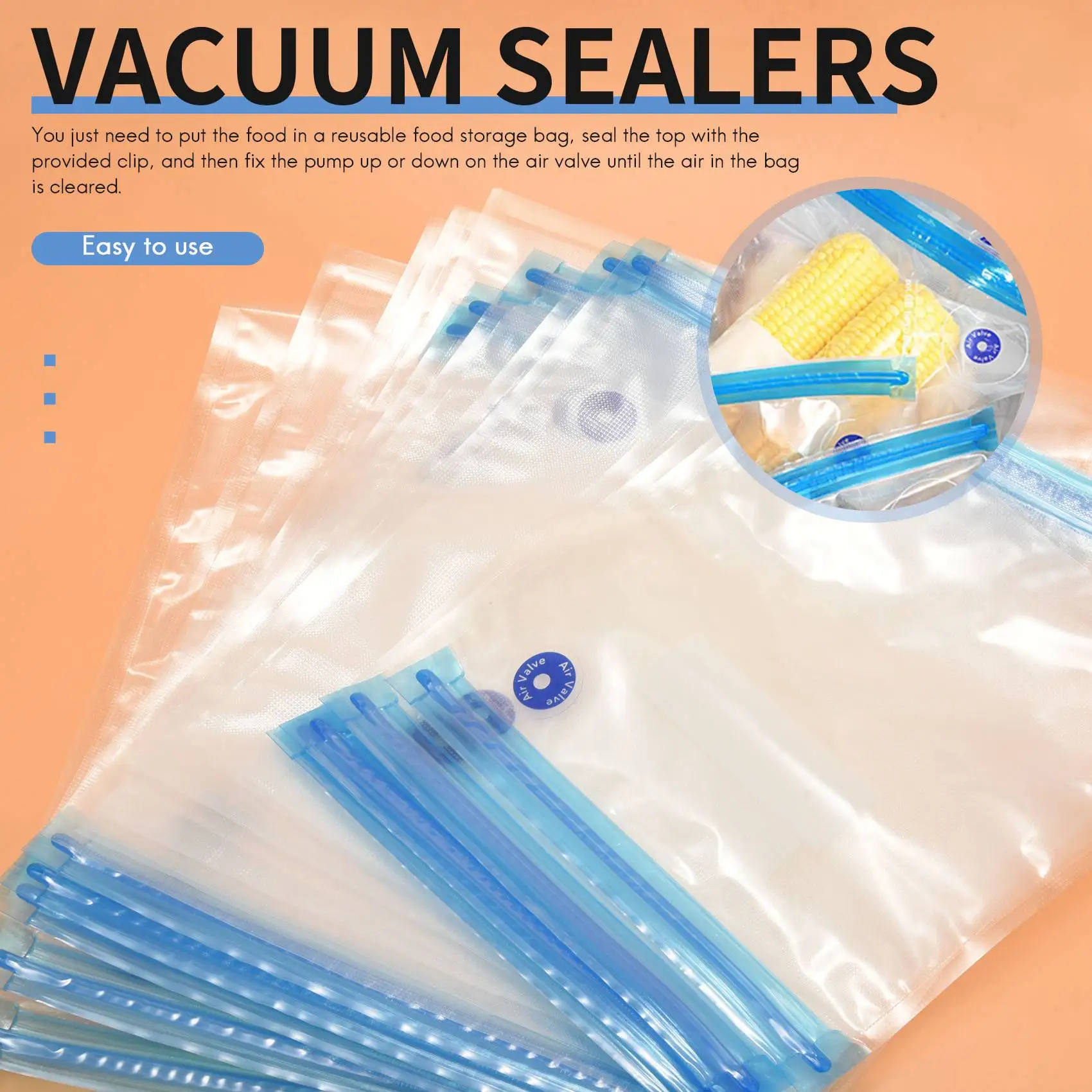 B47B-Sous Vide Bags 20 عبوة من أكياس تخزين الطعام الكهربائية القابلة لإعادة الاستخدام مع مضخة يدوية واحدة، 3 أحجام مختومة، 4 مشابك