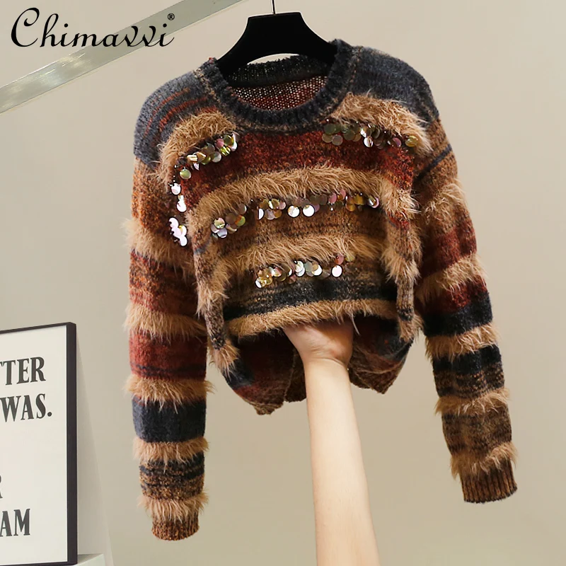 

Модный свитер из мохера с тяжелыми блестками и круглым вырезом для женщин, новый осенне-зимний полосатый пуловер с цветными блоками и длинными рукавами, вязаный топ