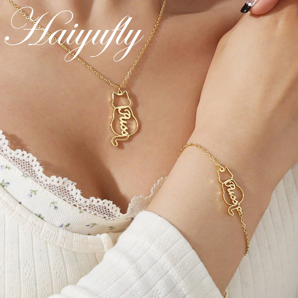 

Haiyufly Custom Name Necklace Bracelet Stainless Steel Jewelry Set for Women Personalized Elegant Cat Choker Chain Birthday Gift