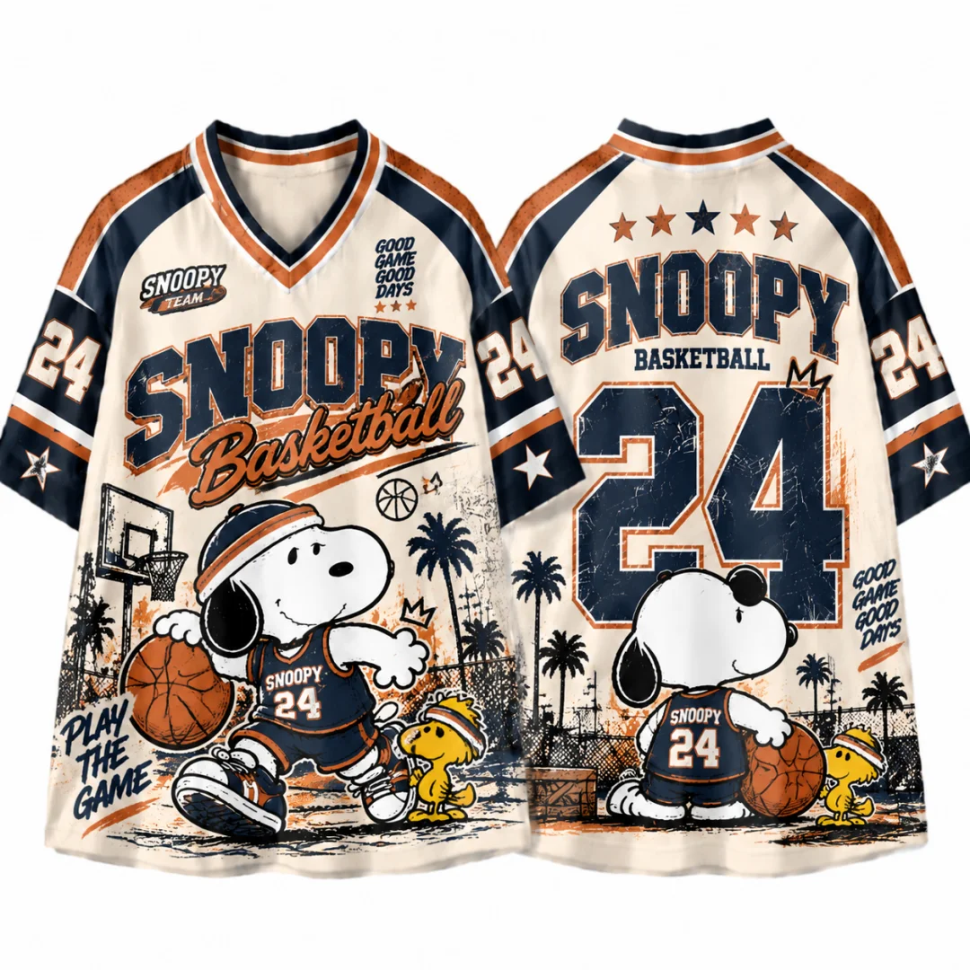 Snoopy Basketball Vintage Jersey T-shirt Kids & Adults Retro V-neck Short Sleeve Y2K Streetwear Cartoon Oversized Basketball Top