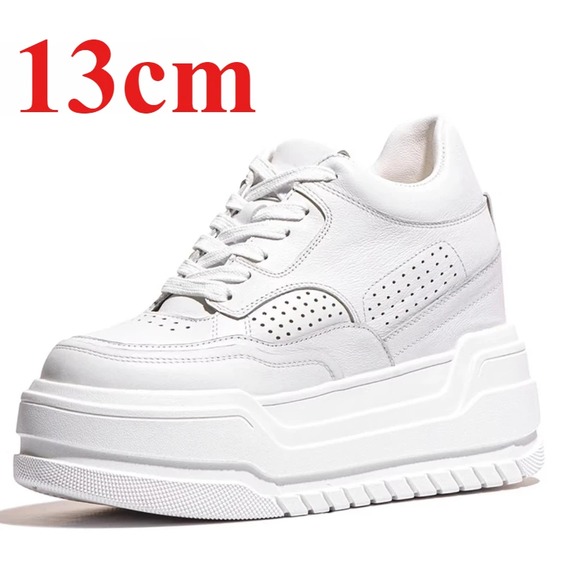 

Женские белые кроссовки из натуральной кожи на платформе 13 см, повседневные, для улицы, на толстой подошве, увеличивающие рост