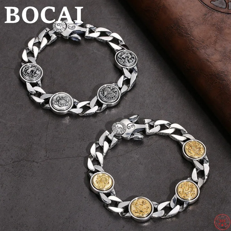 

BOCAI S925 Sterling Silver Bracelets for Men New Fashion Four Sacred Beasts Rotatable Eight Diagrams Hand Chain Free Shipping