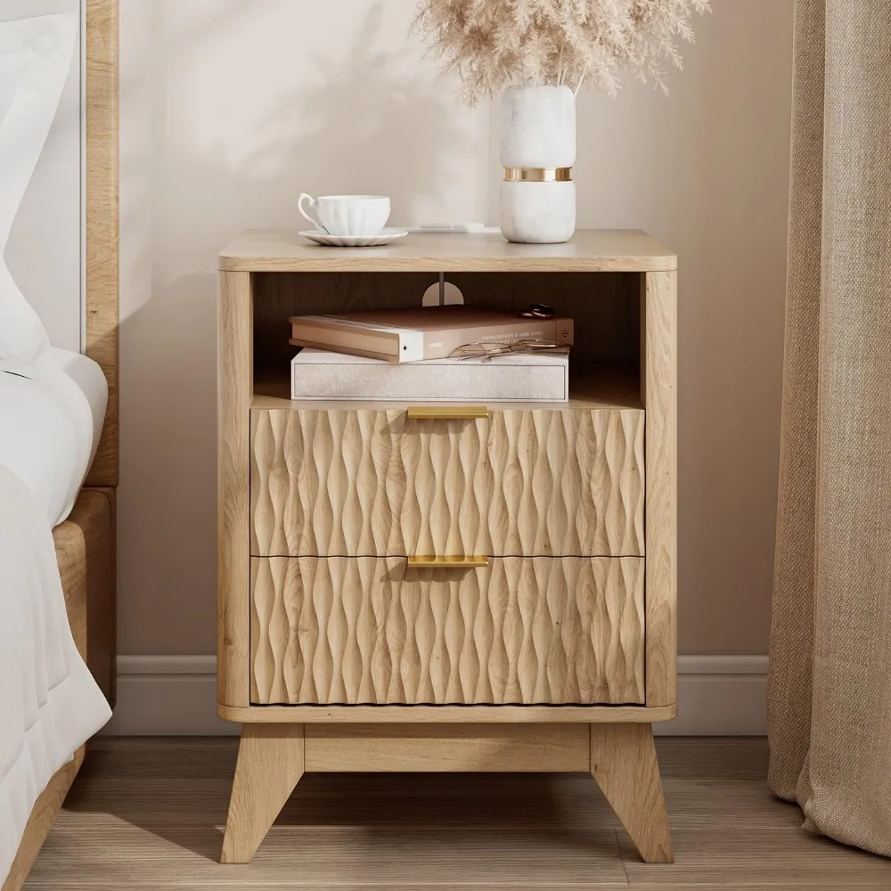 

Fluted Nightstand with Charging Station, 18 Modern End Table with Storage Drawers, Bedside Table for Bedroom, Natural Oak(1 Piec