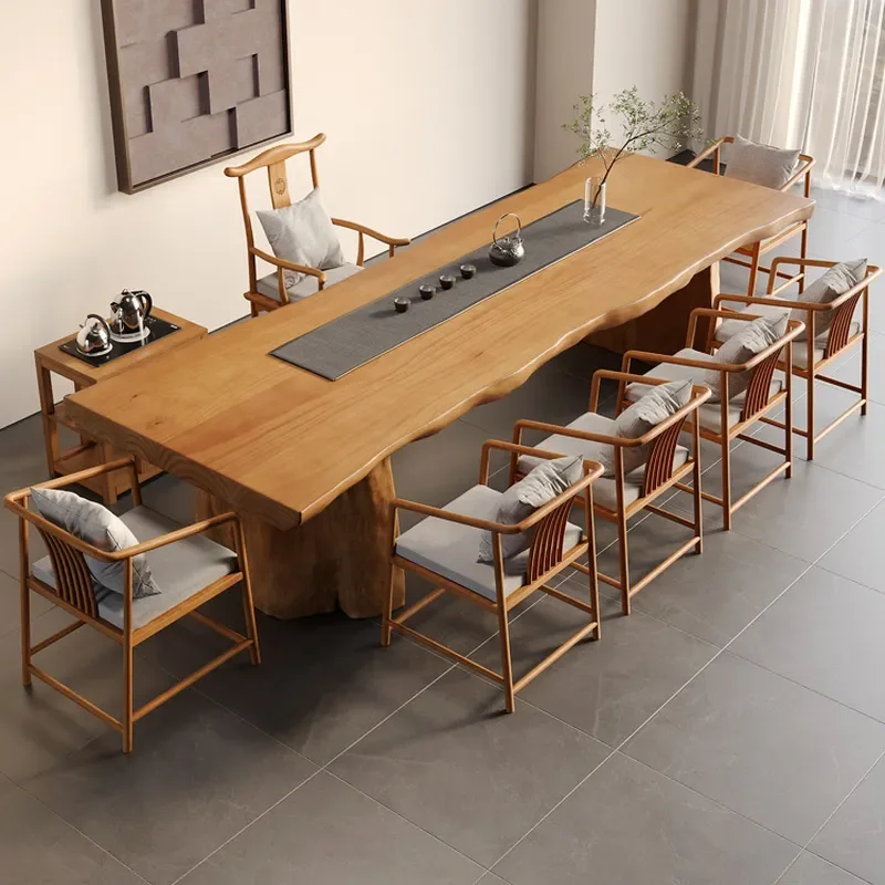 for Log Irregular Natural Edge Solid Wood Tea Table Restaurant Whole Board New Chinese Large Board Tea Table and Chair