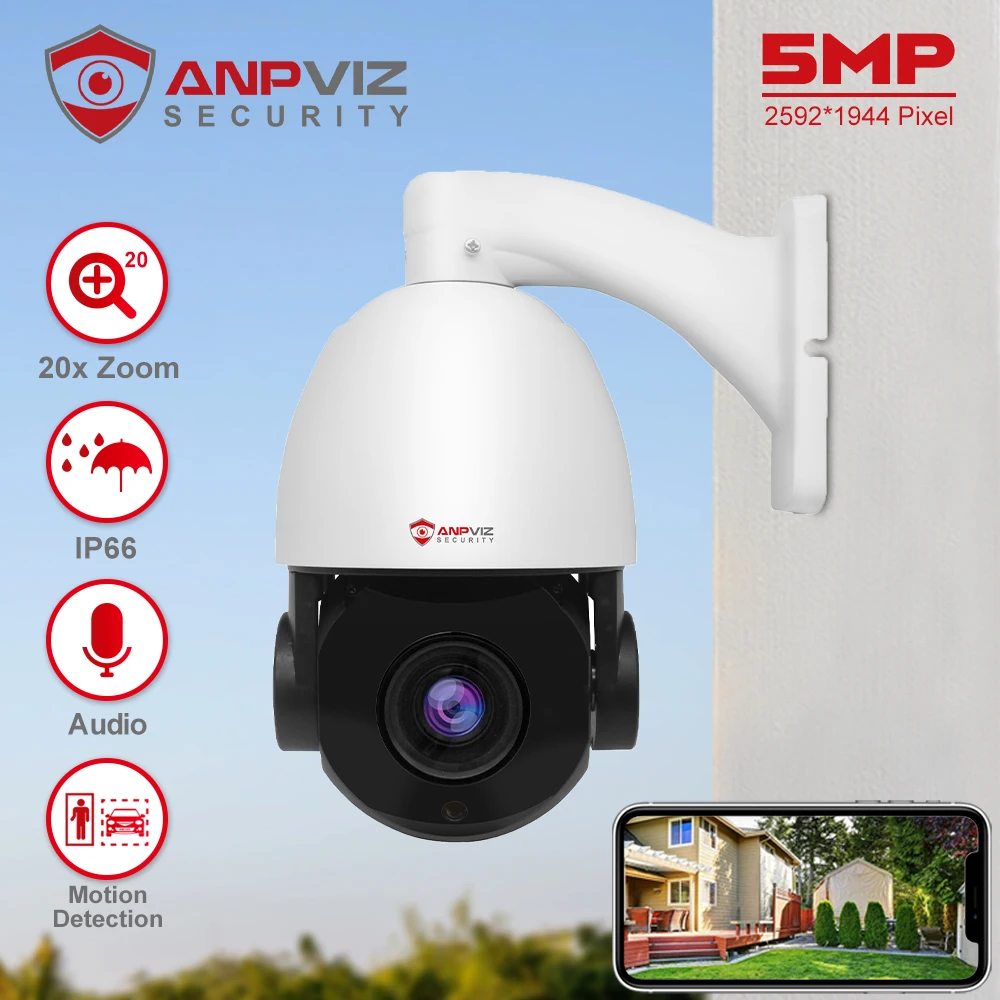 

Anpviz 5MP IP PTZ Camera Outdoor Security Speed Dome 4.7-94mm 20X Optical Zoom CCTV Surveillance Camera 100m IR Distance IP66