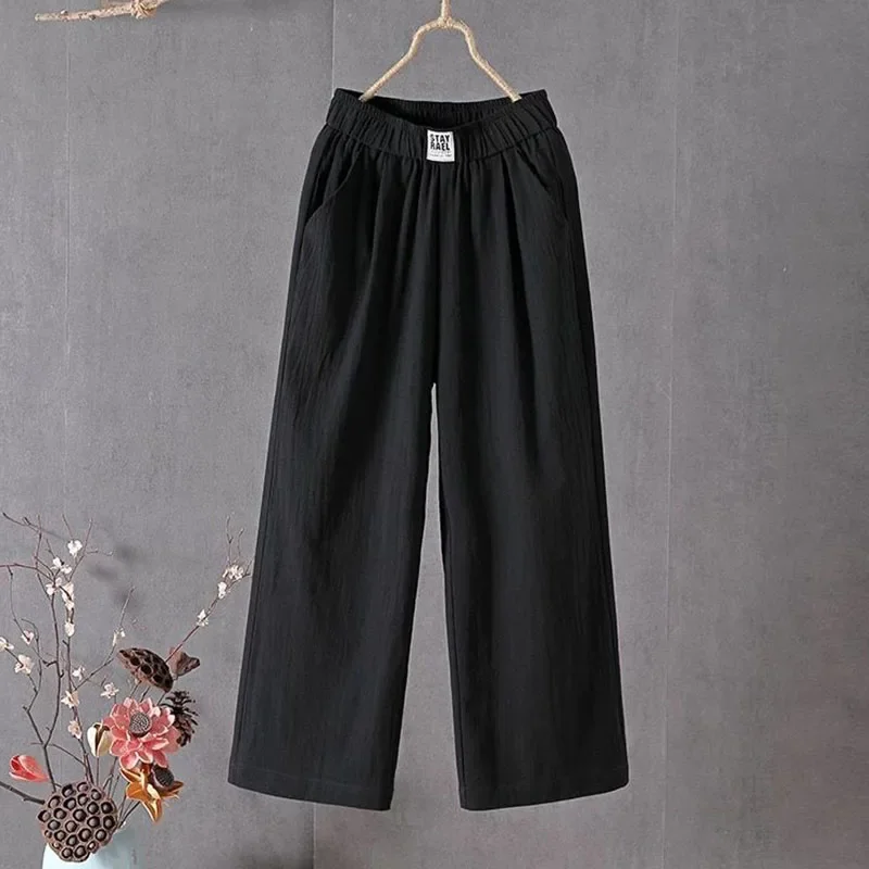 Summer Elastic Waist Women's Pants Casual Solid Cotton Linen Ankle Length Pants Female 2023 High Quality Loose Trousers