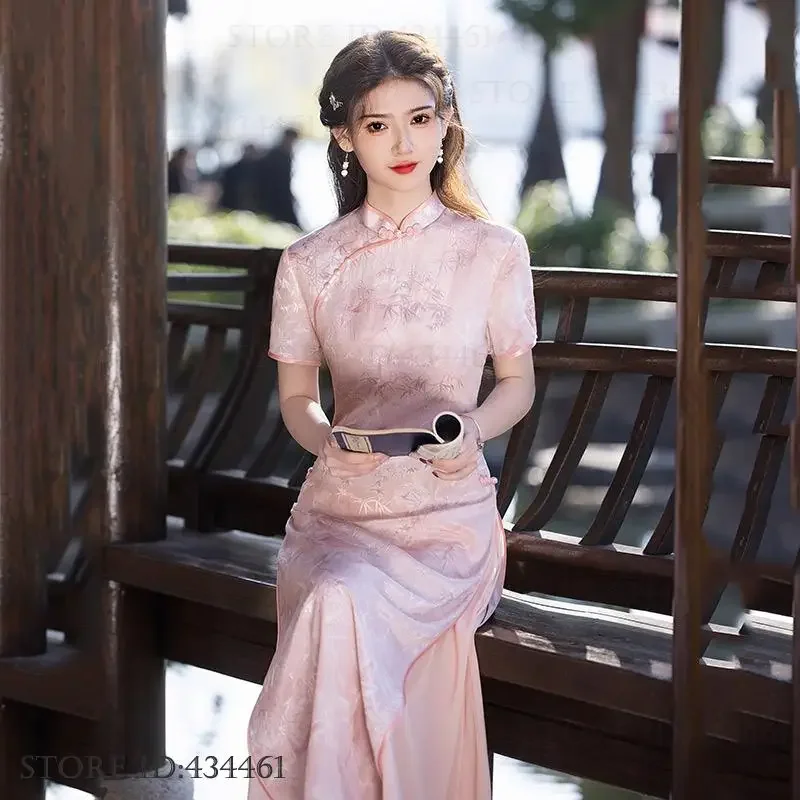 

Новое длинное платье Aodai Qipao в китайском стиле, элегантное женское платье, улучшенное платье Cheongsam Hanfu, сексуальные традиционные платья с воротником-стойкой