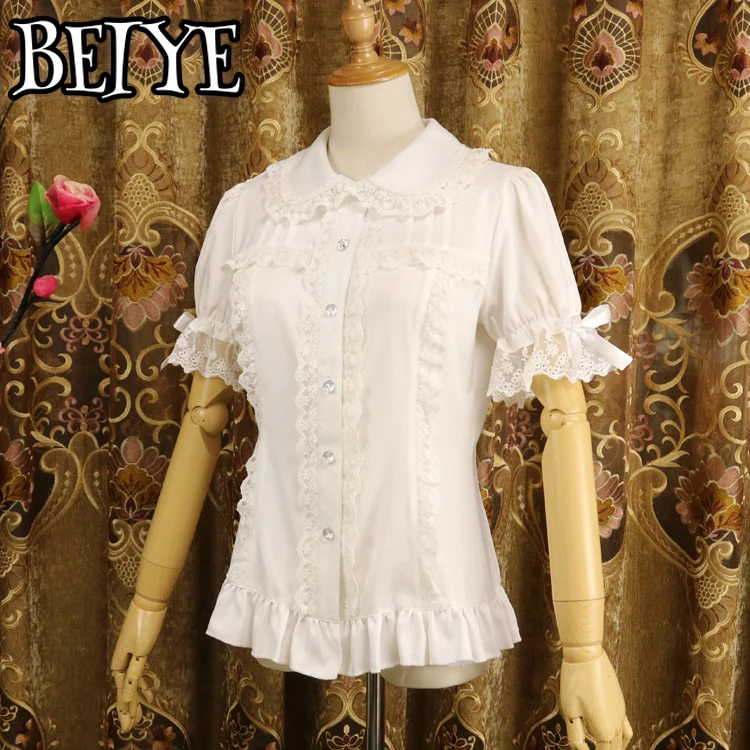 Camisas senhoras manga curta chiffon blusa branco/preto lolita botão para baixo camisa com mangas destacáveis blusas de mujer