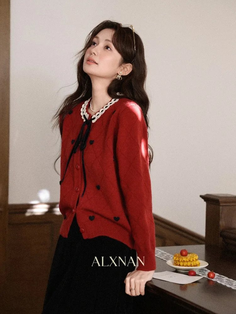 ALXNAN Red Knit Cardigan Women 2025 Fall Winter Long Sleeve Heart Sweater Chic French Style Ladies Warm Knit Tops DYL663086
