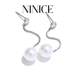 NiNice Popular Simulated Pearls Zirconia Long Chain Pendant Drop Dangle Earrings Stainless Steel High Quality Party Jewelry
